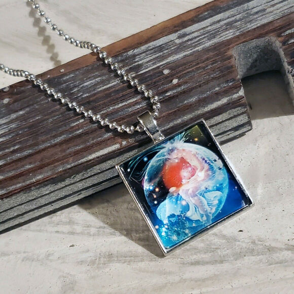 Handcrafted Man in the Moon Nebula Square Glass Cabochon Pendant  Necklace - Picture 1 of 4